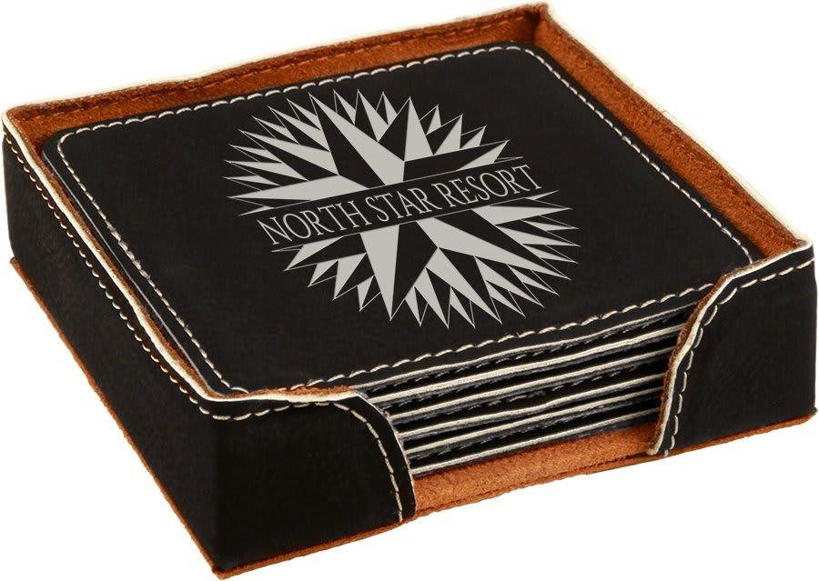 Personalized Leather Coaster Set with Holder, 6 Coasters - Square, Black & Silver