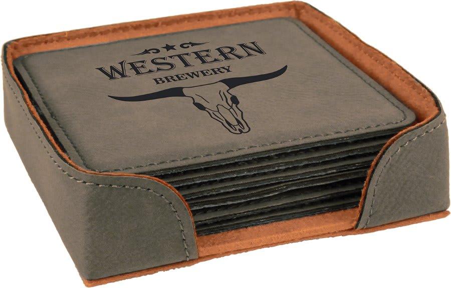 Personalized Leather Coaster Set with Holder, 6 Coasters - Square, Gray