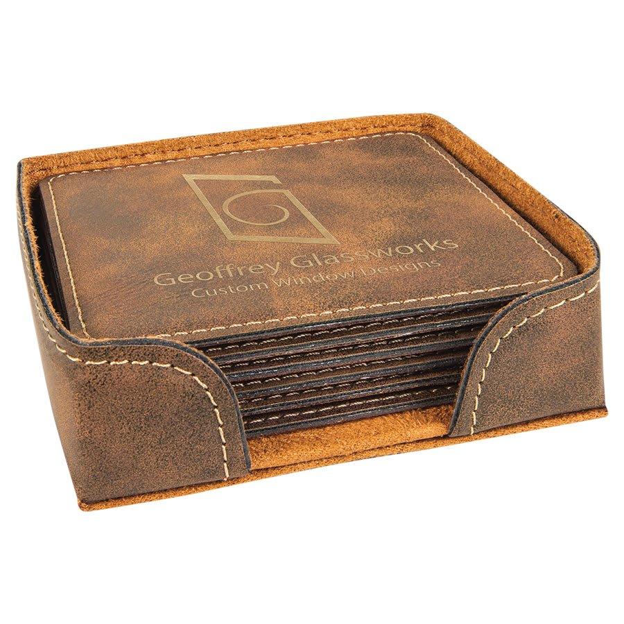 Personalized Leather Coaster Set with Holder, 6 Coasters - Square, Rustic & Gold