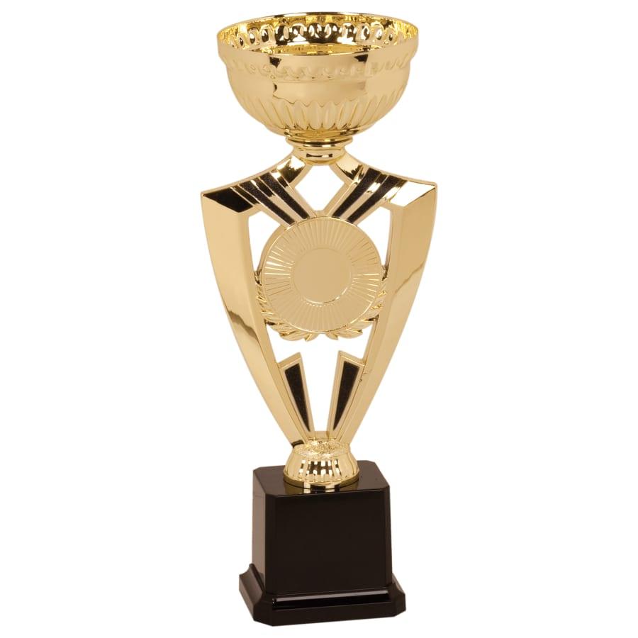 Metal Trophy Cups, Bowls, Easy Cups and Lids (Single, 5 or 10) - 10 3/4" Gold Ribbon 2" Insert Holder Easy Cup Kit