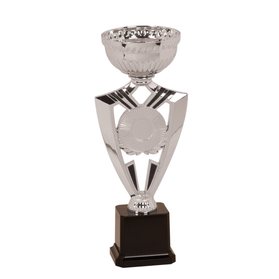 Metal Trophy Cups, Bowls, Easy Cups and Lids (Single, 5 or 10) - 10 3/4" Silver Ribbon 2" Insert Holder Easy Cup Kit