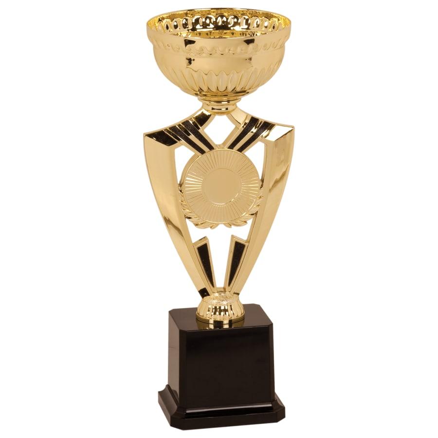 Metal Trophy Cups, Bowls, Easy Cups and Lids (Single, 5 or 10) - 11 1/4" Gold Ribbon 2" Insert Holder Easy Cup Kit