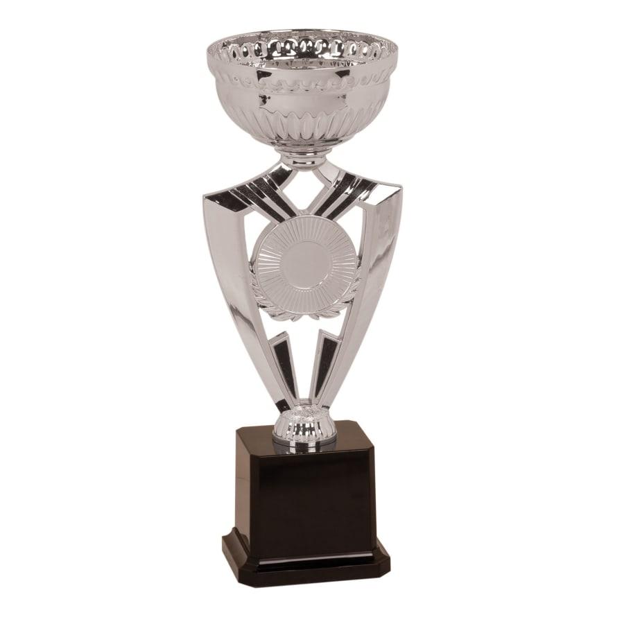 Metal Trophy Cups, Bowls, Easy Cups and Lids (Single, 5 or 10) - 11 1/4" Silver Ribbon 2" Insert Holder Easy Cup Kit