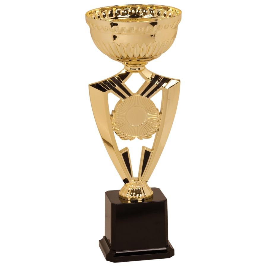 Metal Trophy Cups, Bowls, Easy Cups and Lids (Single, 5 or 10) - 12 3/8" Gold Ribbon 2" Insert Holder Easy Cup Kit
