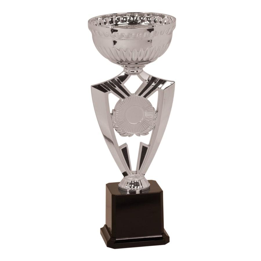 Metal Trophy Cups, Bowls, Easy Cups and Lids (Single, 5 or 10) - 12 3/8" Silver Ribbon 2" Insert Holder Easy Cup Kit
