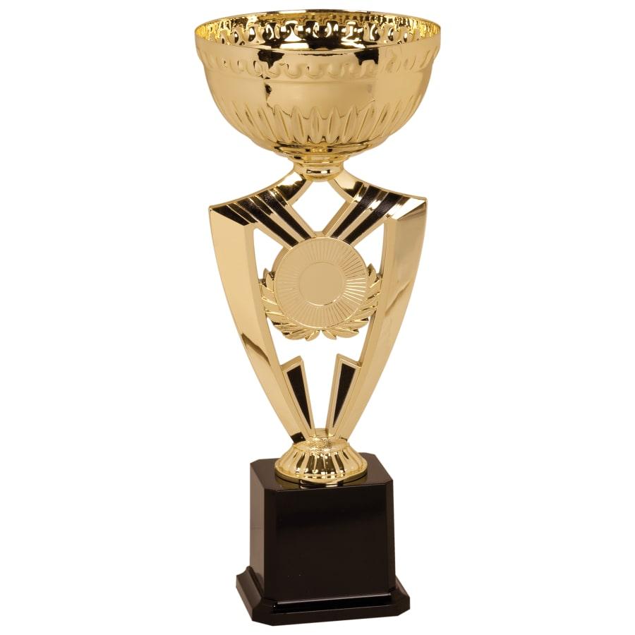 Metal Trophy Cups, Bowls, Easy Cups and Lids (Single, 5 or 10) - 13 1/2" Gold Ribbon 2" Insert Holder Easy Cup Kit