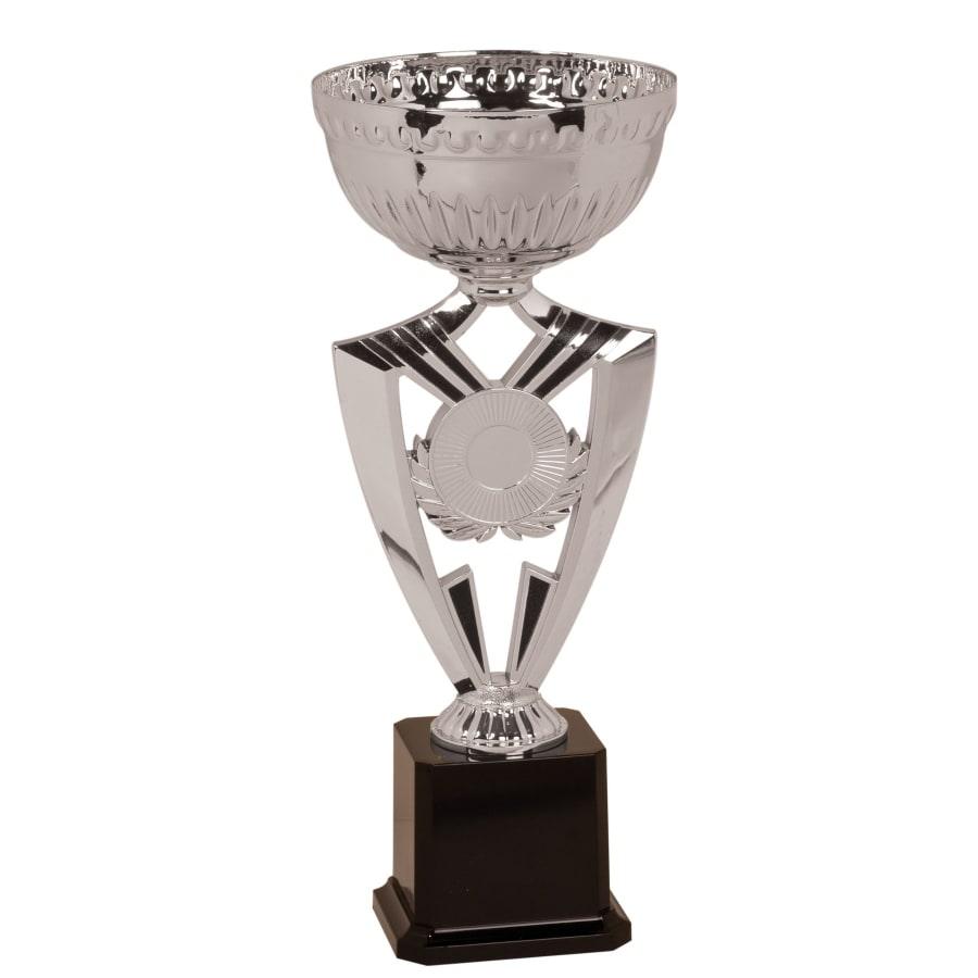 Metal Trophy Cups, Bowls, Easy Cups and Lids (Single, 5 or 10) - 13 1/2" Silver Ribbon 2" Insert Holder Easy Cup Kit