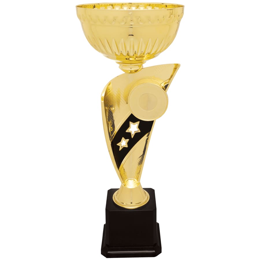 Metal Trophy Cups, Bowls, Easy Cups and Lids (Single, 5 or 10) - 13 3/4" Gold Banner Easy Cup Kit