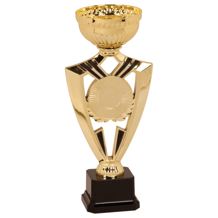 Metal Trophy Cups, Bowls, Easy Cups and Lids (Single, 5 or 10) - 9 5/8" Gold Ribbon 2" Insert Holder Easy Cup Kit