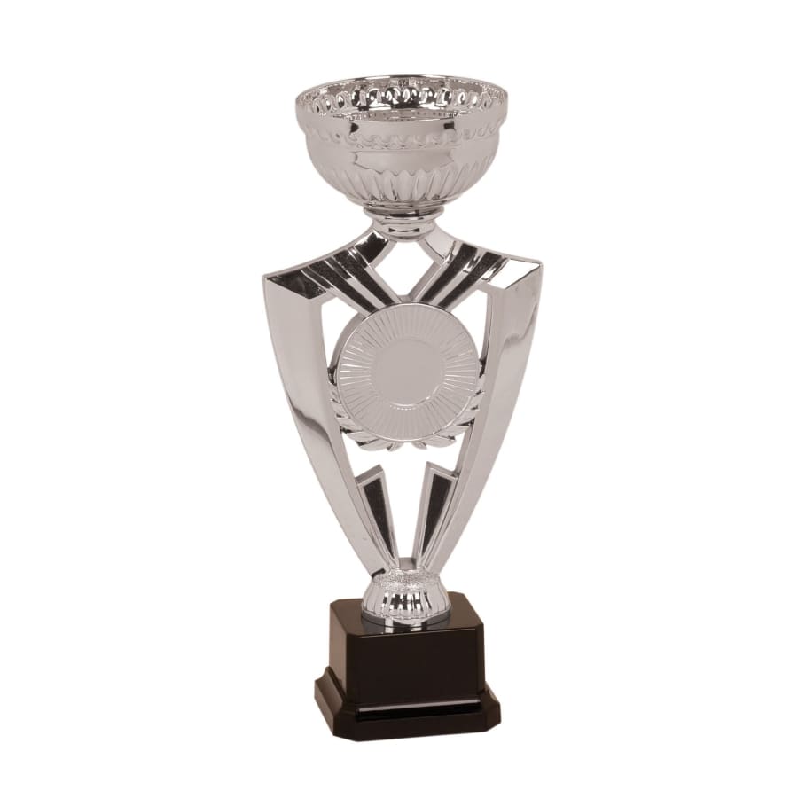 Metal Trophy Cups, Bowls, Easy Cups and Lids (Single, 5 or 10) - 9 5/8" Silver Ribbon 2" Insert Holder Easy Cup Kit