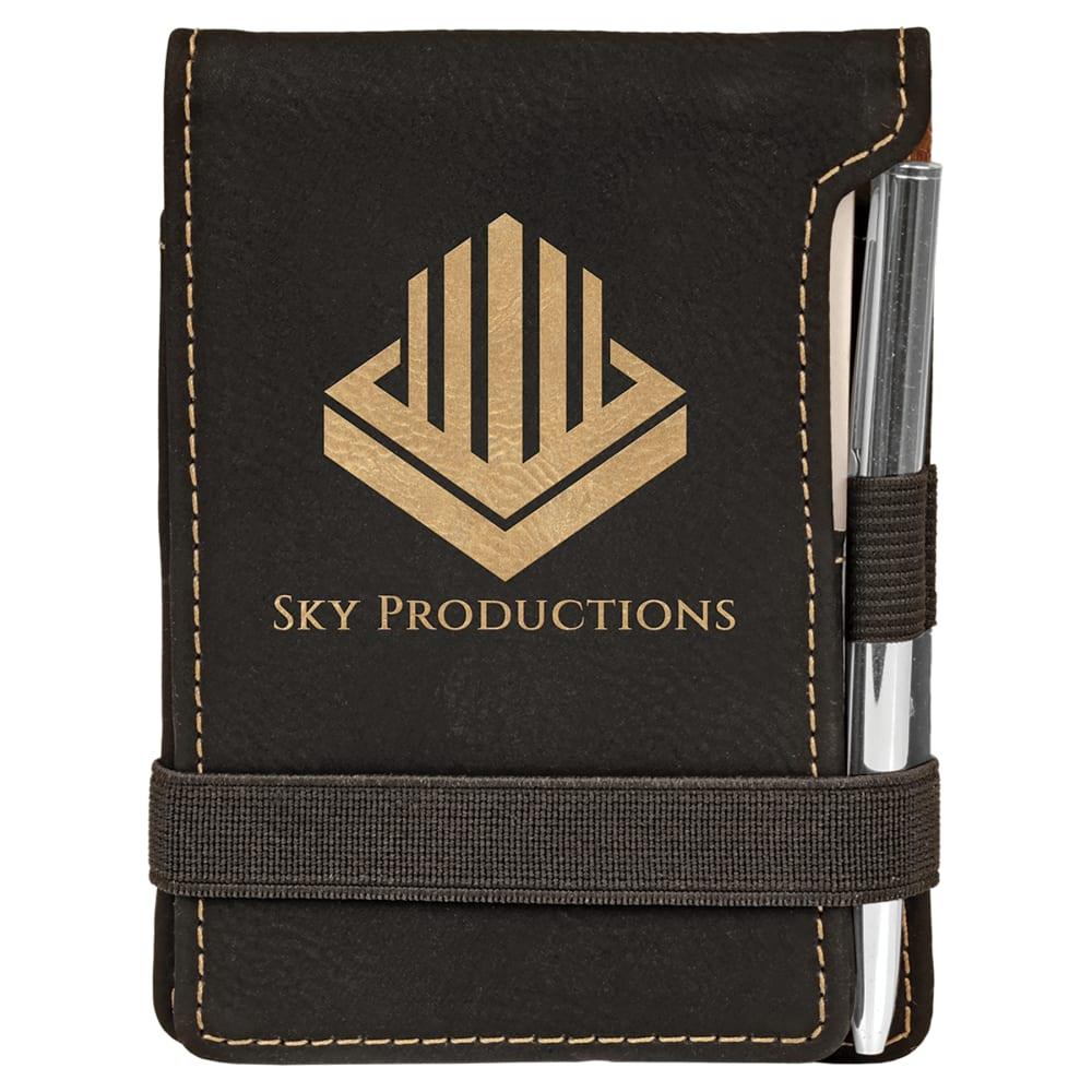 Personalized Mini Notepad with Pen, Engraved Faux Leather - Black/Gold