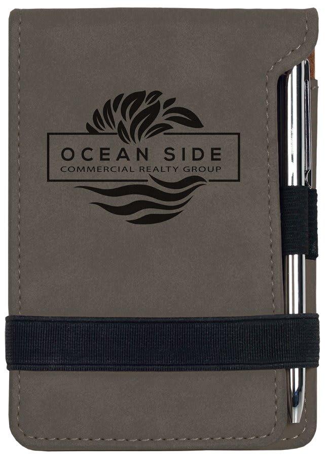 Personalized Mini Notepad with Pen, Engraved Faux Leather - Gray
