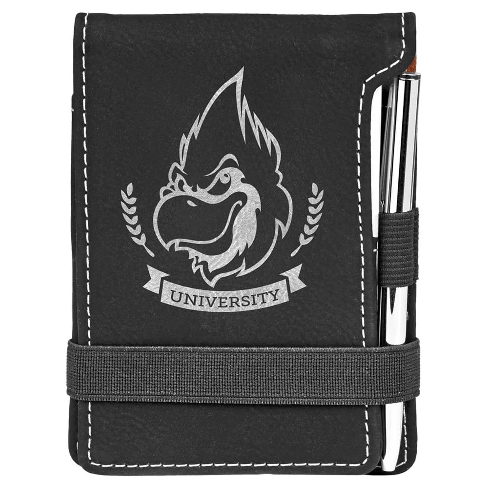 Personalized Mini Notepad with Pen, Engraved Faux Leather - Black/Silver