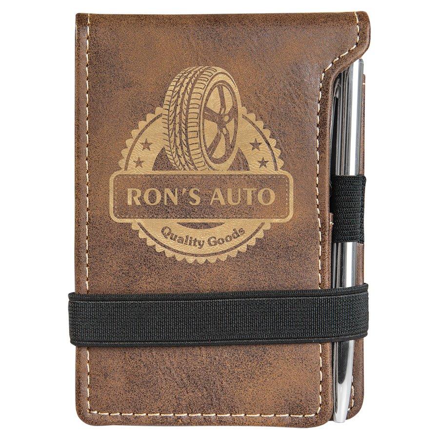 Personalized Mini Notepad with Pen, Engraved Faux Leather - Rustic/Gold
