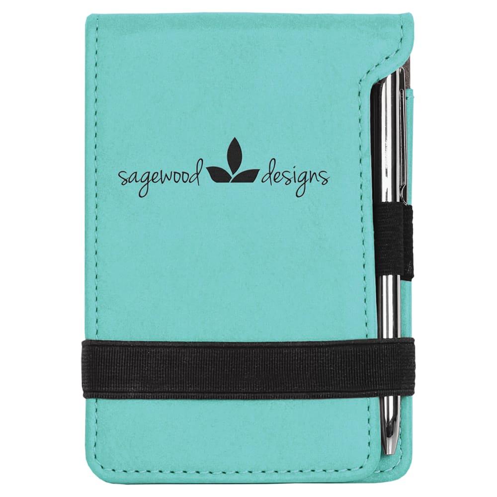 Personalized Mini Notepad with Pen, Engraved Faux Leather - Teal