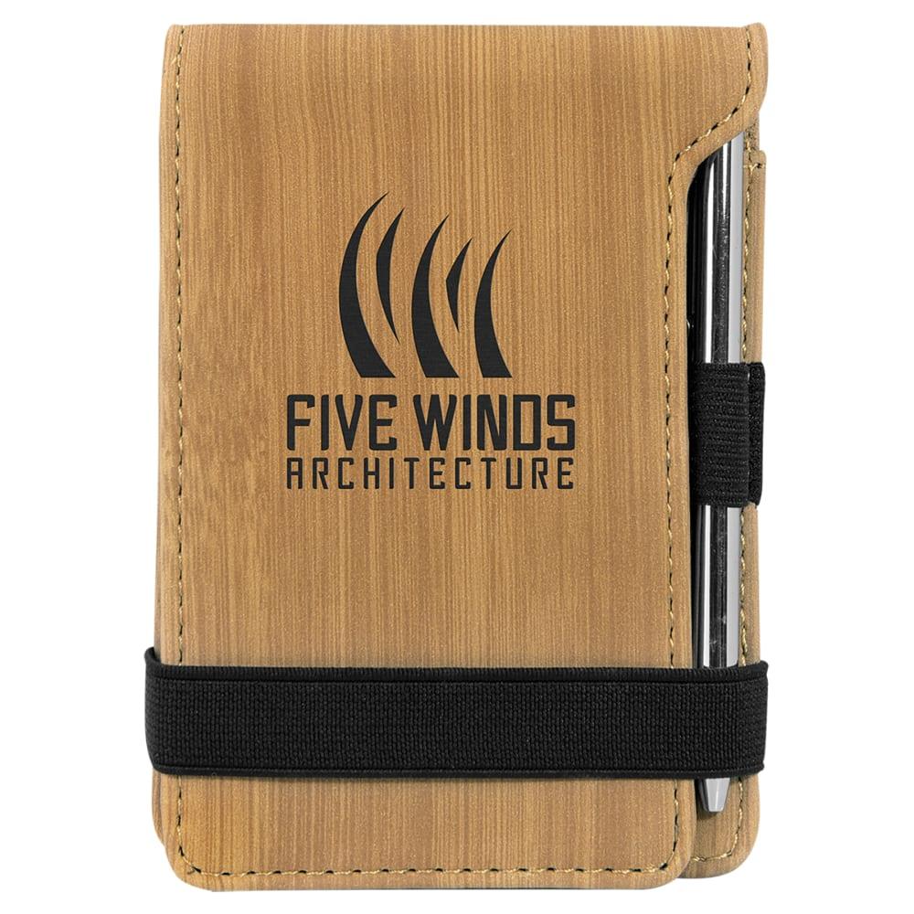 Personalized Mini Notepad with Pen, Engraved Faux Leather - Bamboo