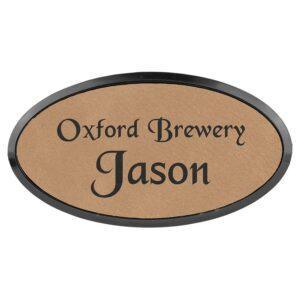 Personalized Leather Name Badge with Black Frame, Magnet or Pin - Oval, 3" x 1 1/2", Light Brown, Magnet