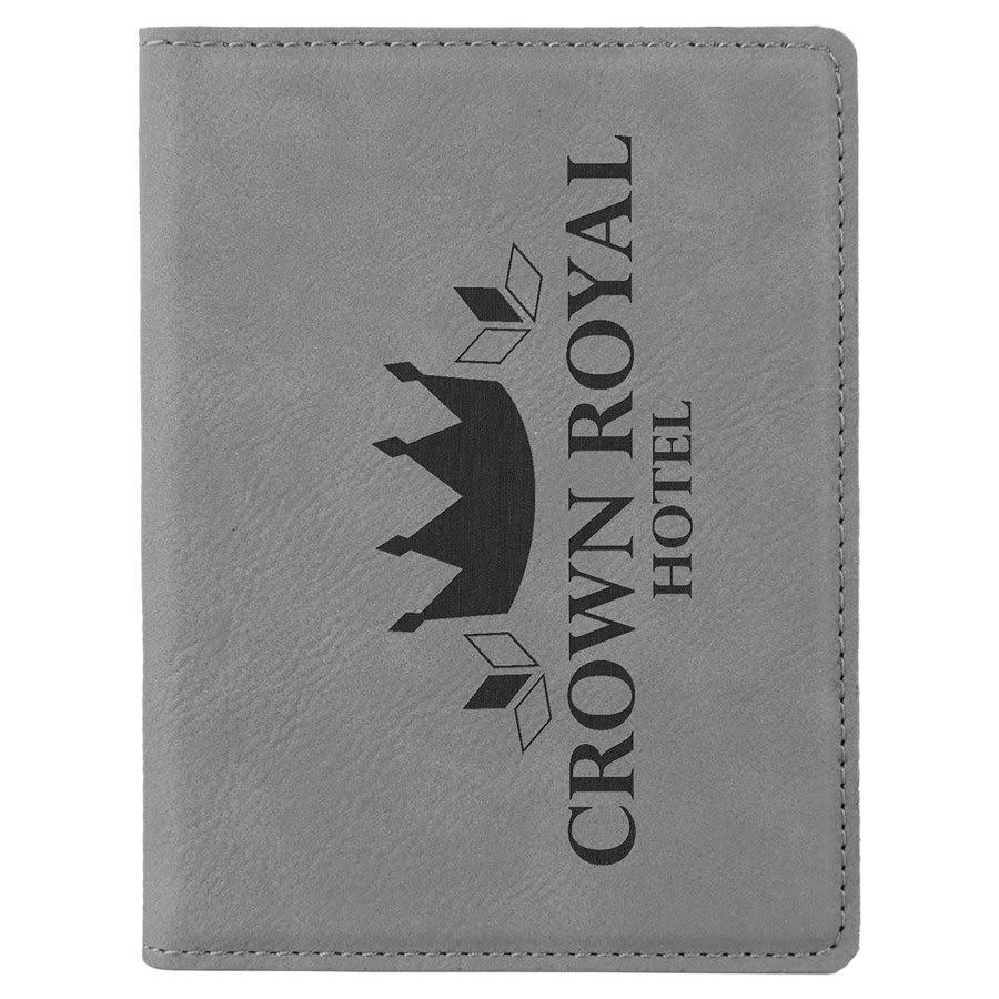 Personalized Passport Holder, Engraved Faux Leather - Gray