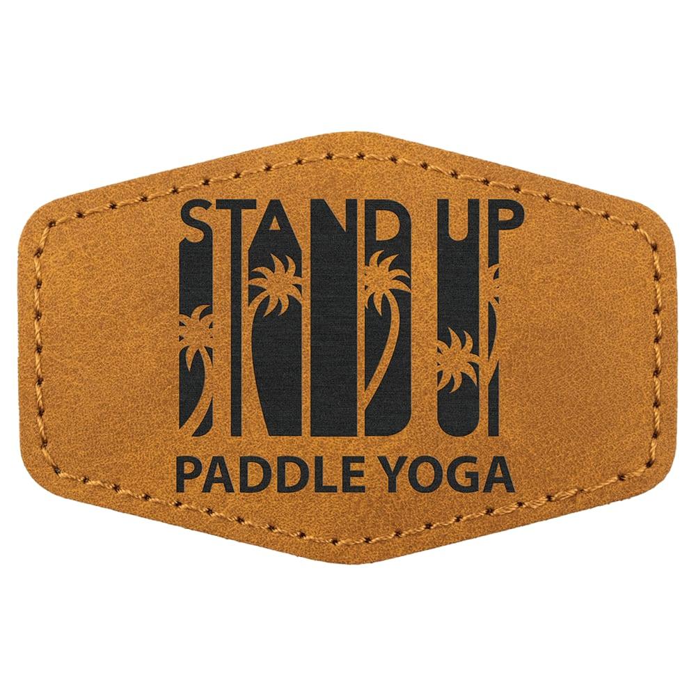 Custom Hexagon Hat Patches, Engraved Faux Leather - 3" x 2", Light Brown