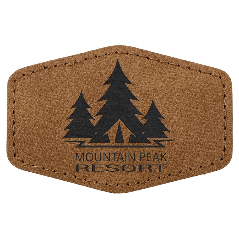 Custom Hexagon Hat Patches, Engraved Faux Leather - 3" x 2", Medium Brown
