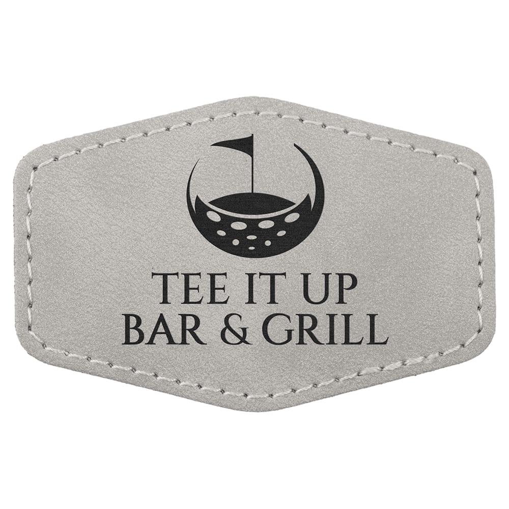 Custom Hexagon Hat Patches, Engraved Faux Leather - 3" x 2", Light Gray