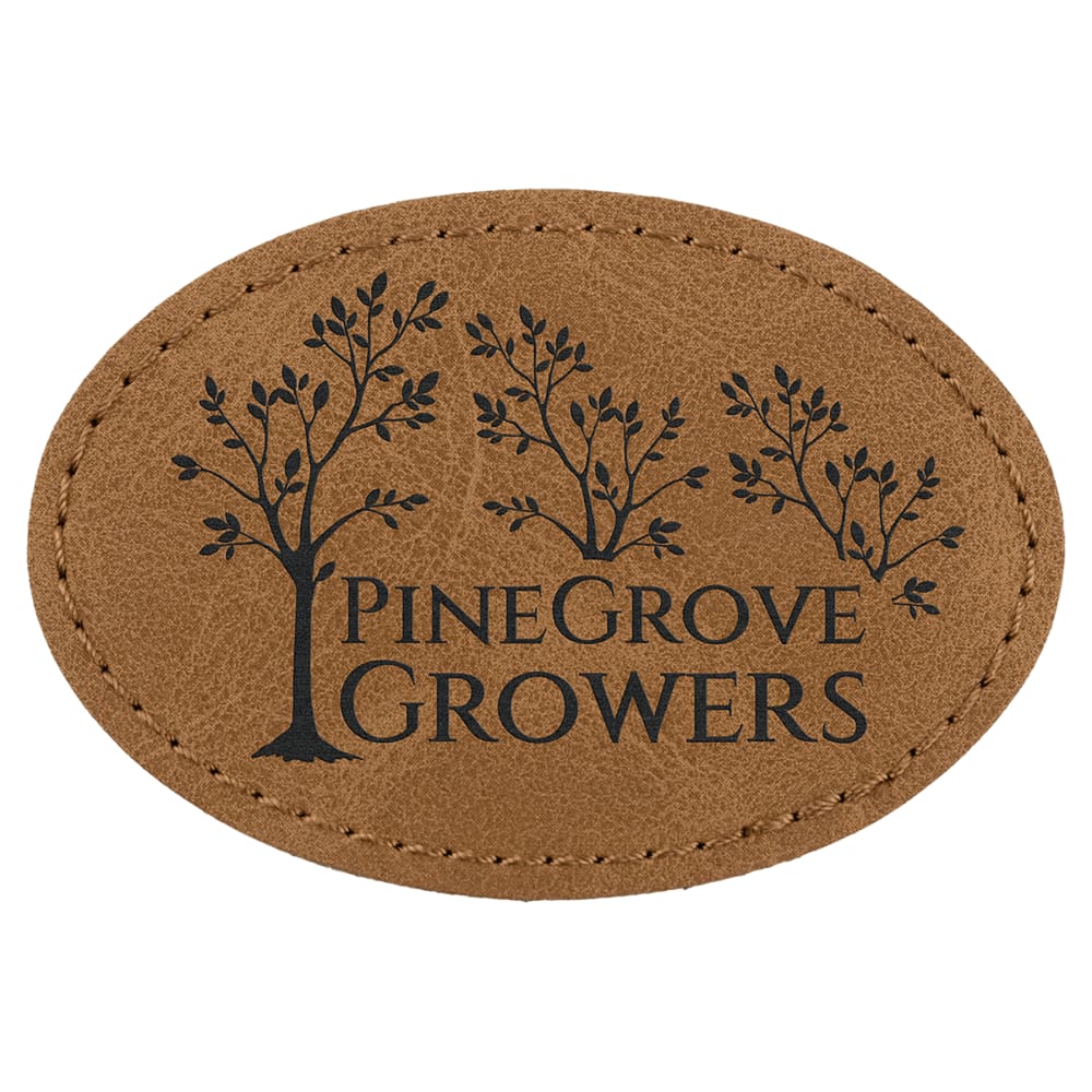 Custom Oval Hat Patches, Engraved Faux Leather - 3" x 2", Medium Brown