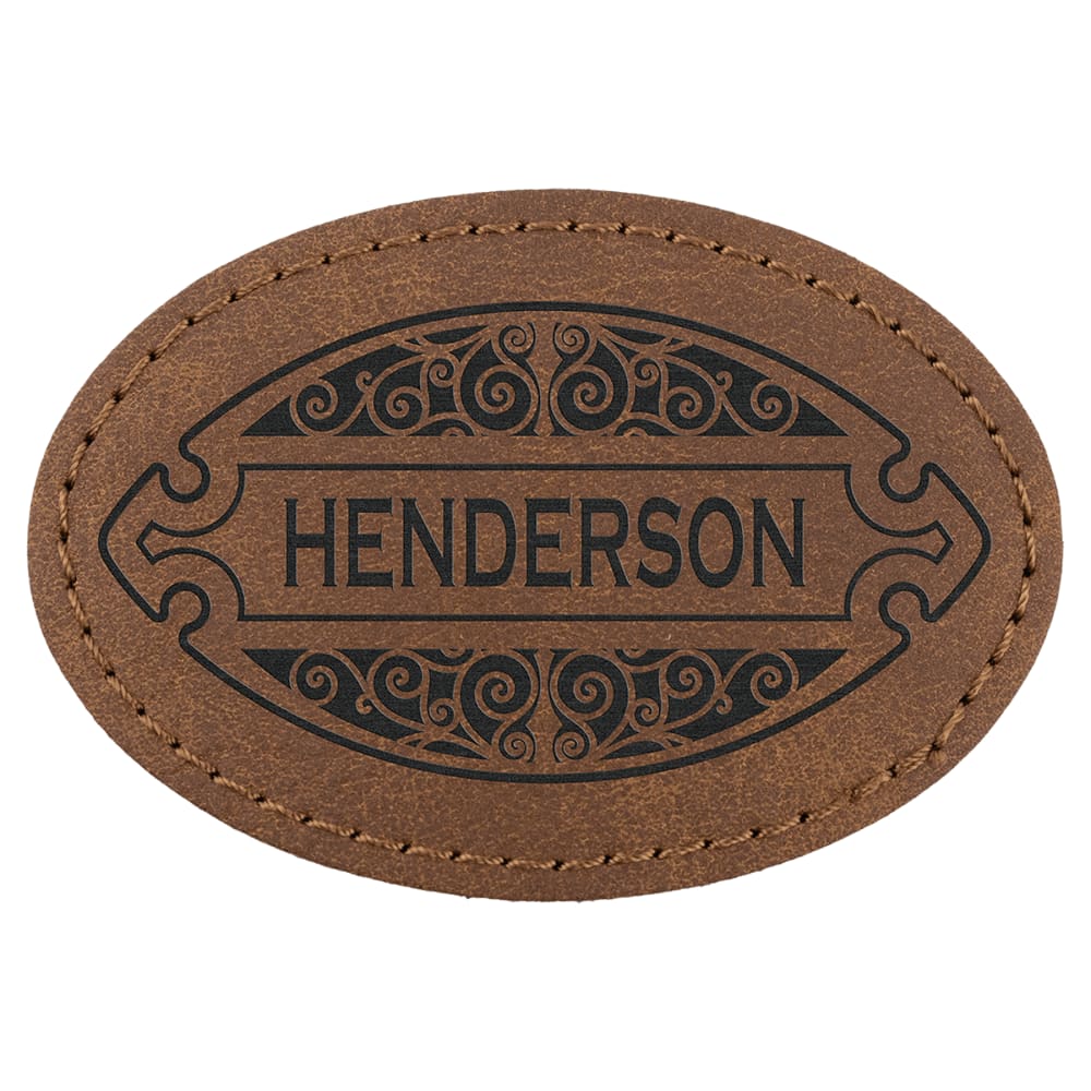 Custom Oval Hat Patches, Engraved Faux Leather - 3" x 2", Dark Brown