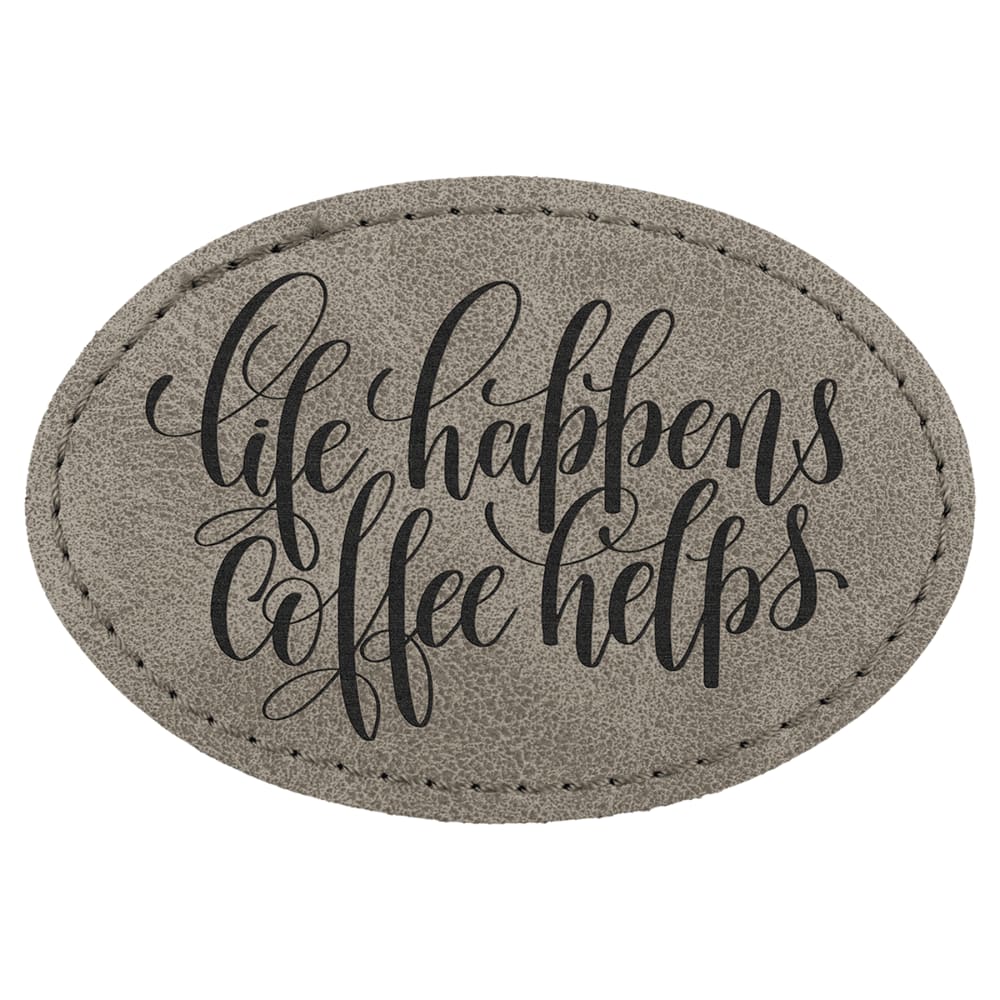Custom Oval Hat Patches, Engraved Faux Leather - 3" x 2", Gray