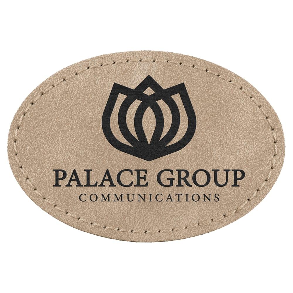 Custom Oval Hat Patches, Engraved Faux Leather - 3" x 2", Light Tan