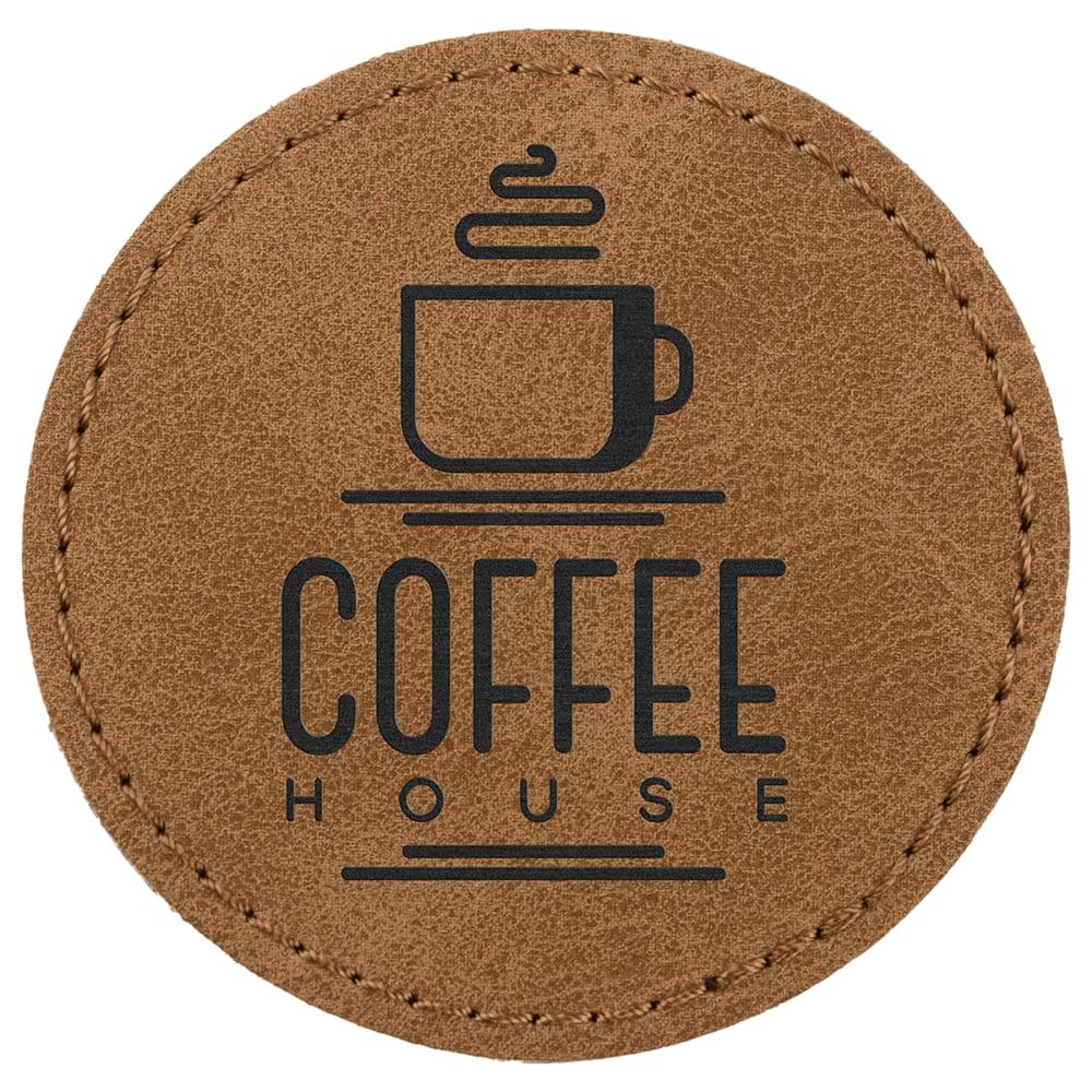 Custom Round Hat Patches, Engraved Faux Leather - 2 1/2", Medium Brown