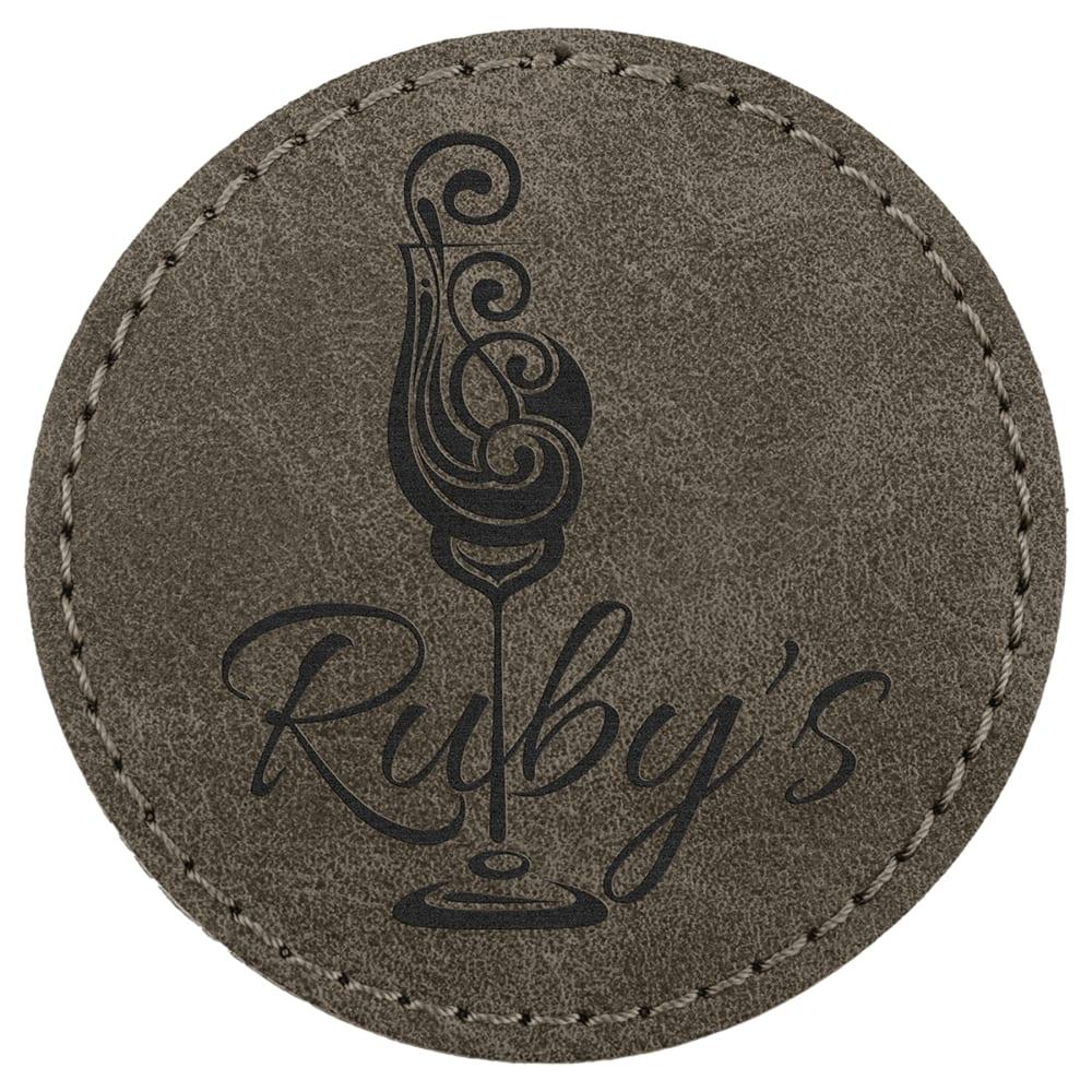 Custom Round Hat Patches, Engraved Faux Leather - 2 1/2", Dark Gray