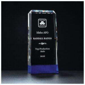 Personalized 3 1/2" x 7 7/8" Premium Series Clear Crystal with Cobalt Blue Crystal Base