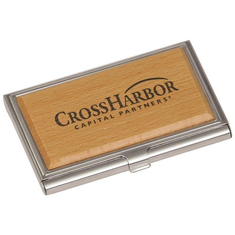 Personalized 3 3/4" x 2 1/2" Metal/Wood Business Card Holder
