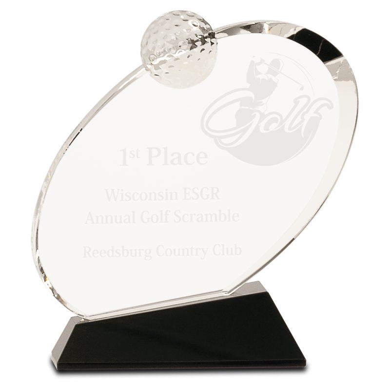 Personalized 6 1/2" Clear Crystal Oblong Golf Award on Black Crystal Base