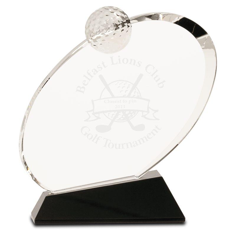 Personalized 6" Clear Crystal Oblong Golf Award on Black Crystal Base