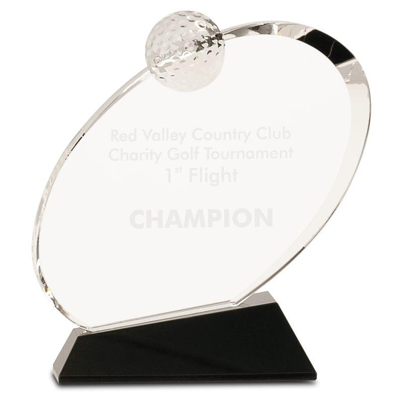 Personalized 7 1/4" Clear Crystal Oblong Golf Award on Black Crystal Base