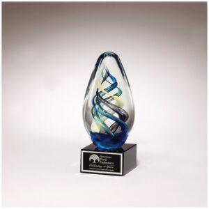 Personalized 7 1/8" Egg Shaped Colored Art Glass on Black Glass Base with Black Laserable Aluminum Plate