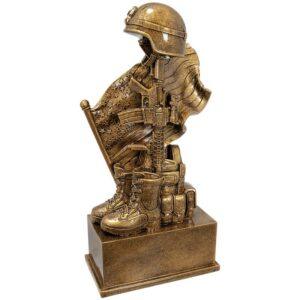 Personalized 8 3/4" Antique Gold Military Resin Helmet on Rifle with Flag and Boot