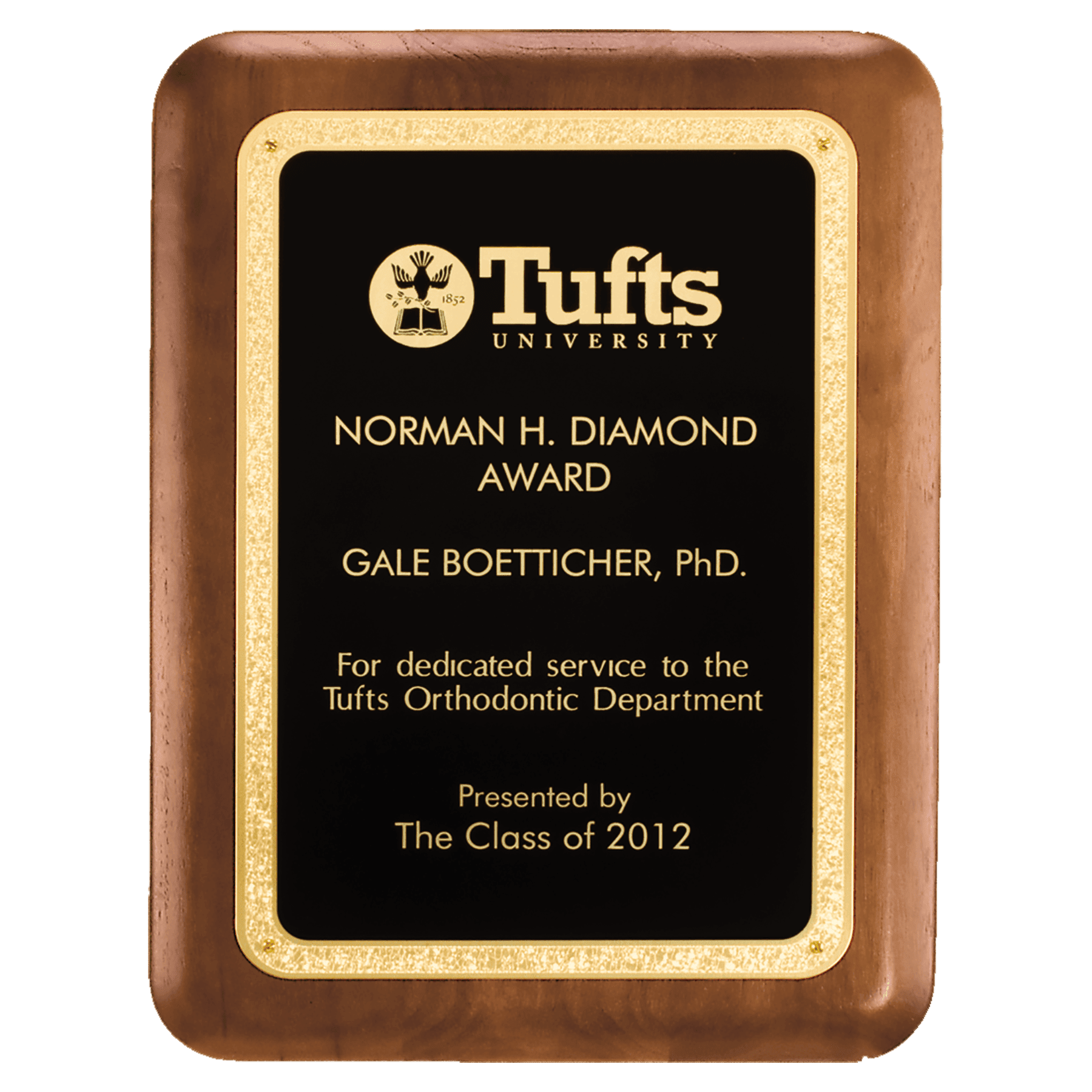 Personalized American Walnut Award Plaque – Black & Gold Florentine, 7" x 8"
