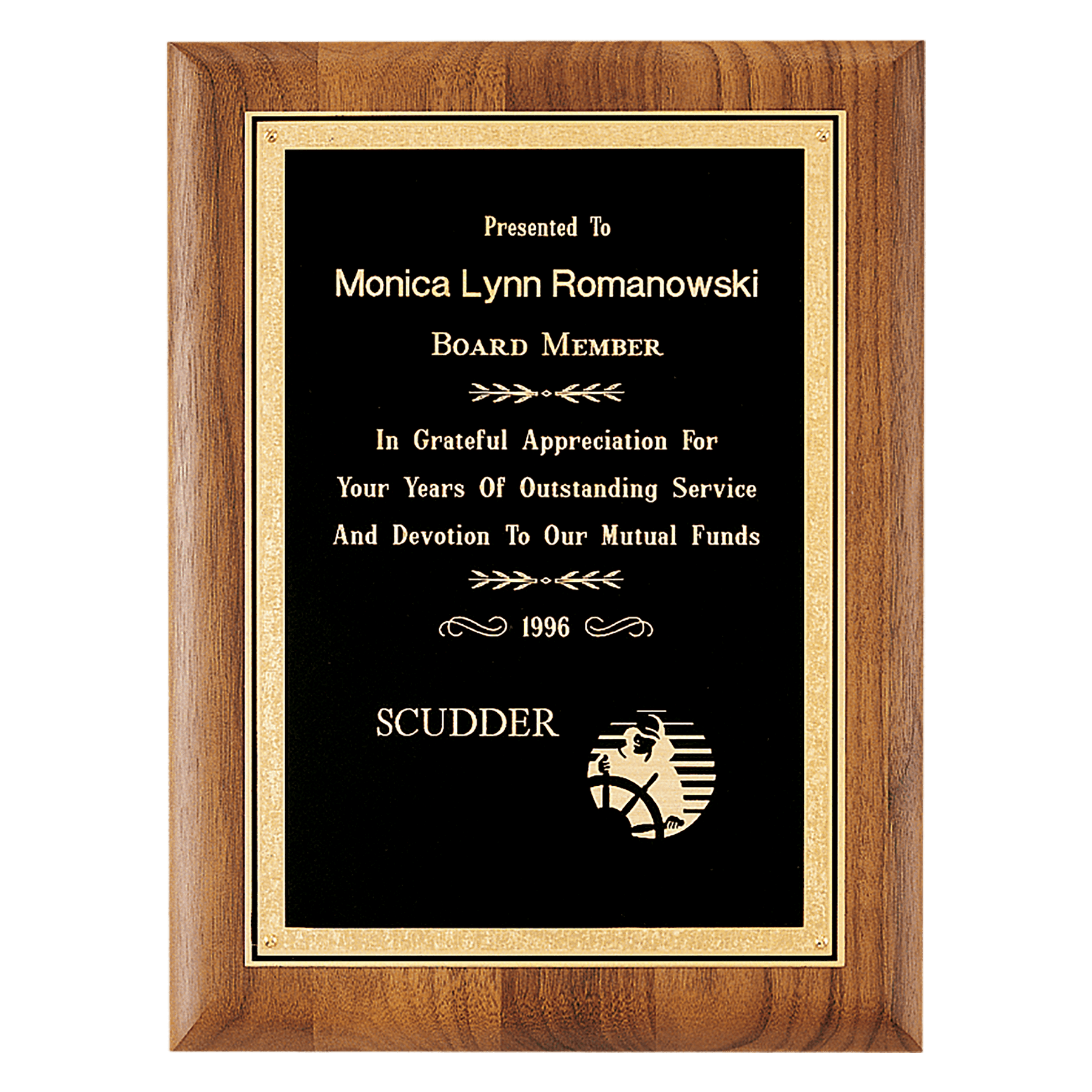 Personalized American Walnut Award Plaque – Black & Gold Florentine, 9" x 12"