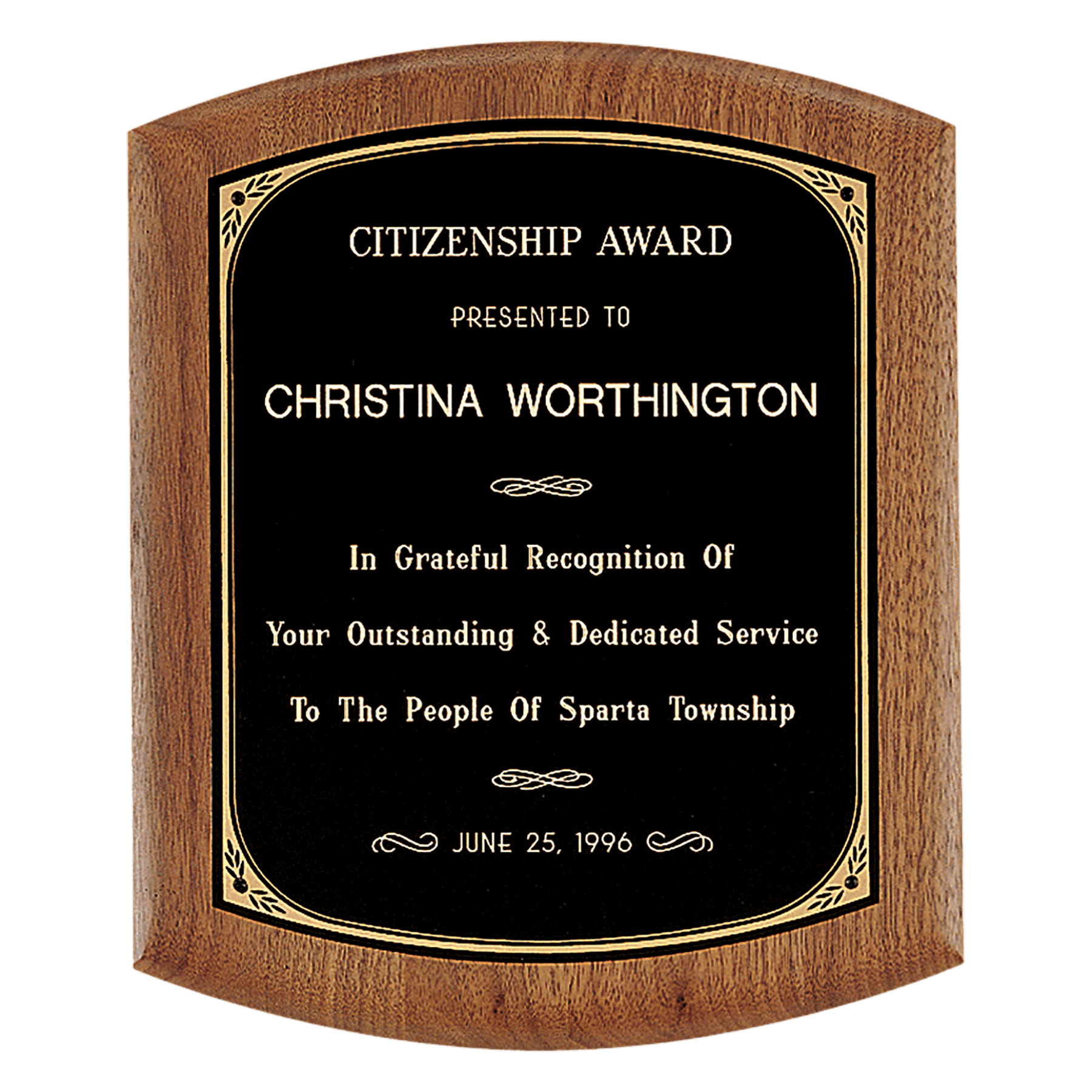 Personalized American Walnut Award Plaque – Gold Border Black Plate, 7 1/2" x 8 1/2"