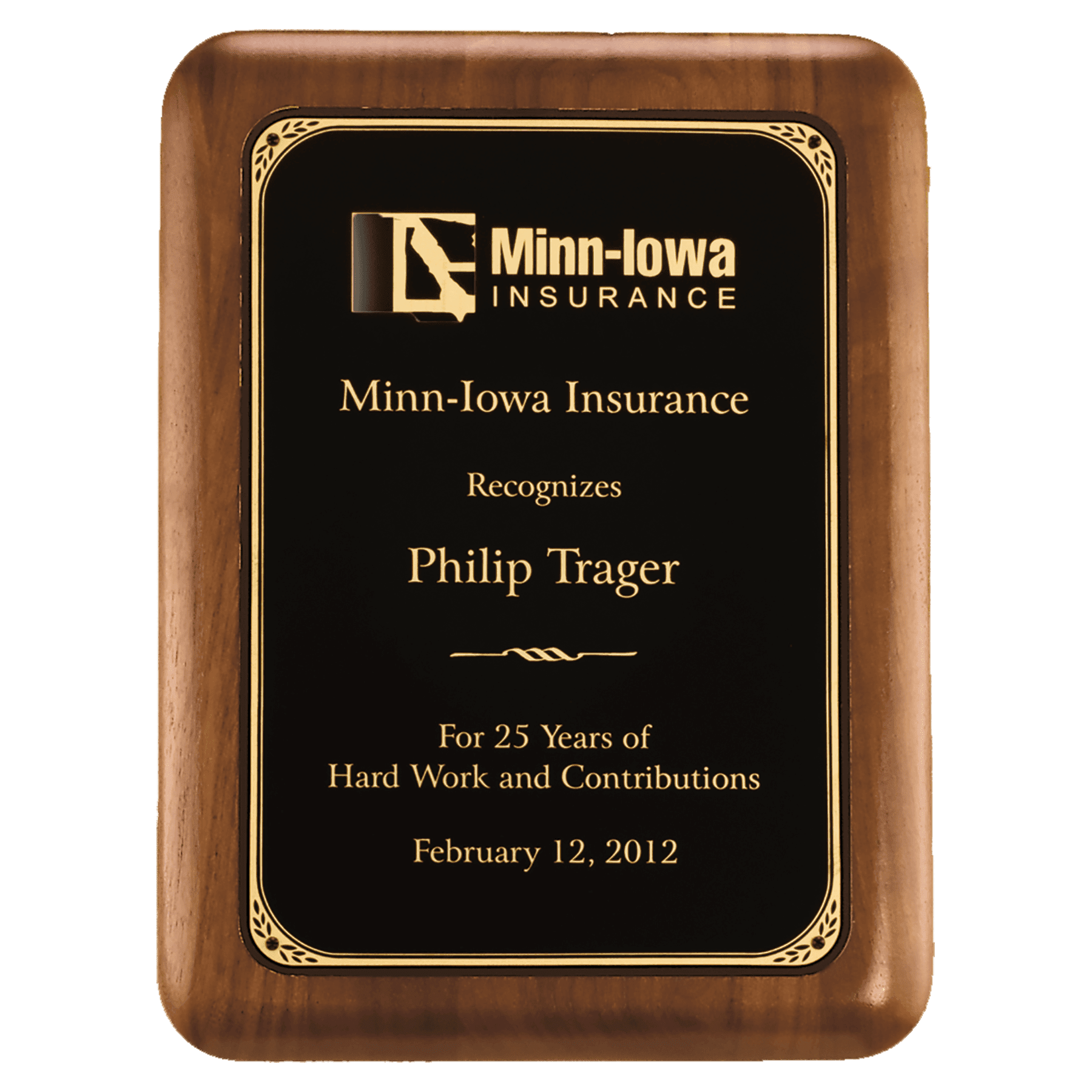 Personalized American Walnut Award Plaque – Gold Border Black Plate, 7" x 9"