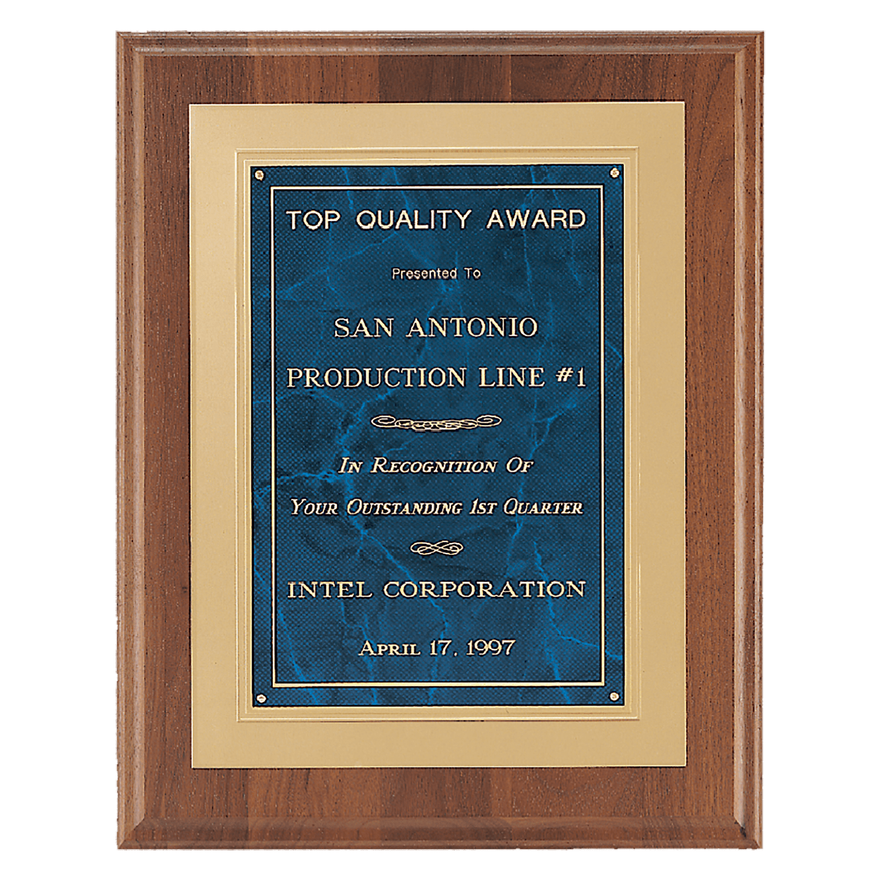 Personalized American Walnut Award Plaque – Sapphire Marble & Gold, 12" x 15"