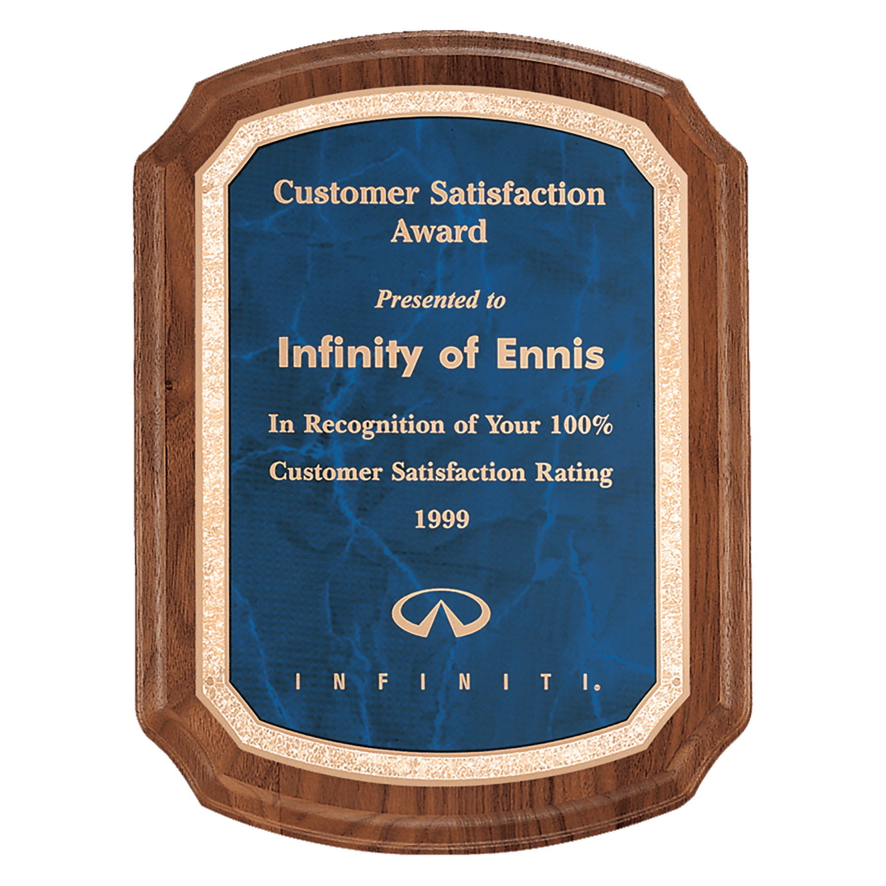 Personalized American Walnut Award Plaque – Sapphire Marble & Gold, 7" x 8"