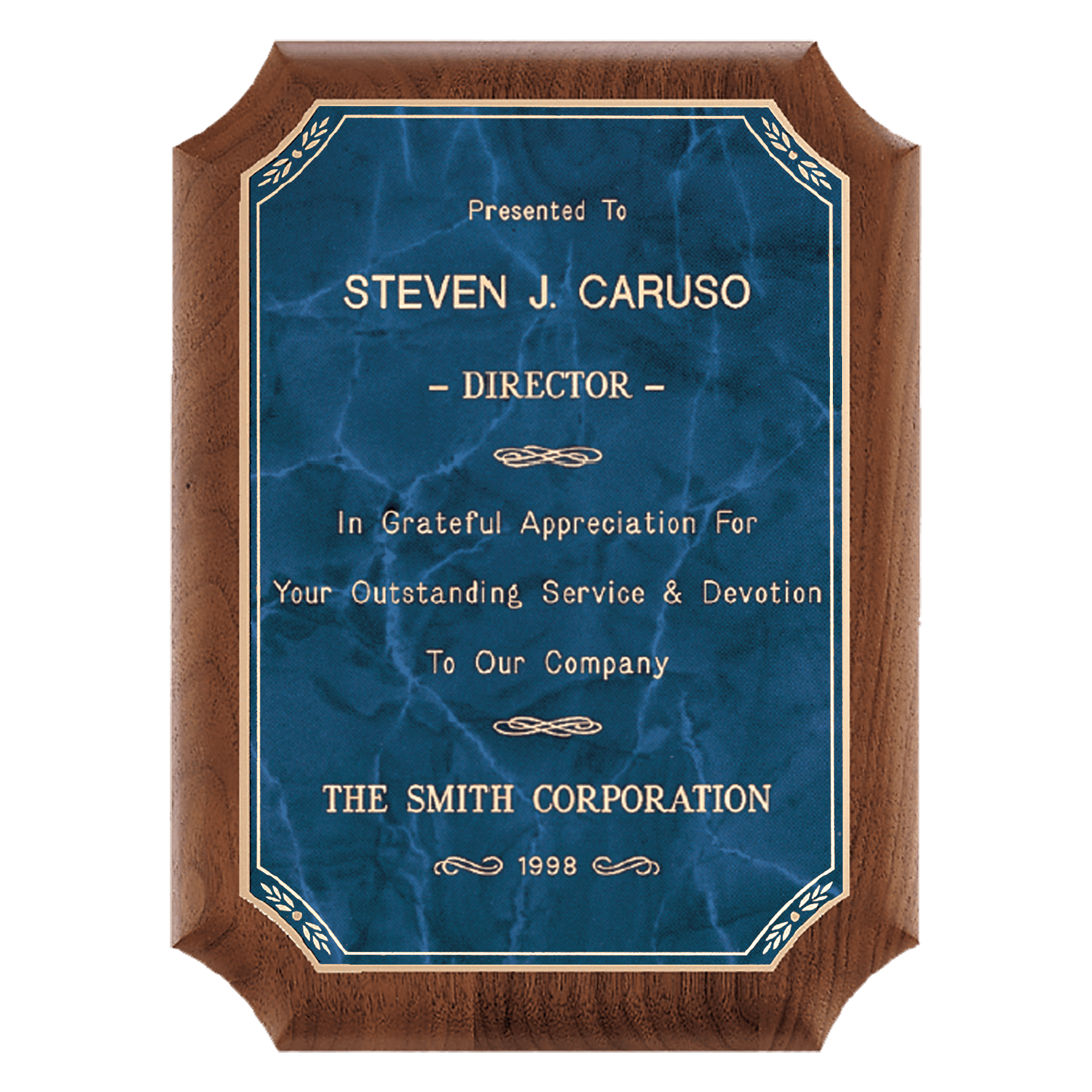Personalized American Walnut Award Plaque – Sapphire Marble & Gold, 8" x 10 1/2"