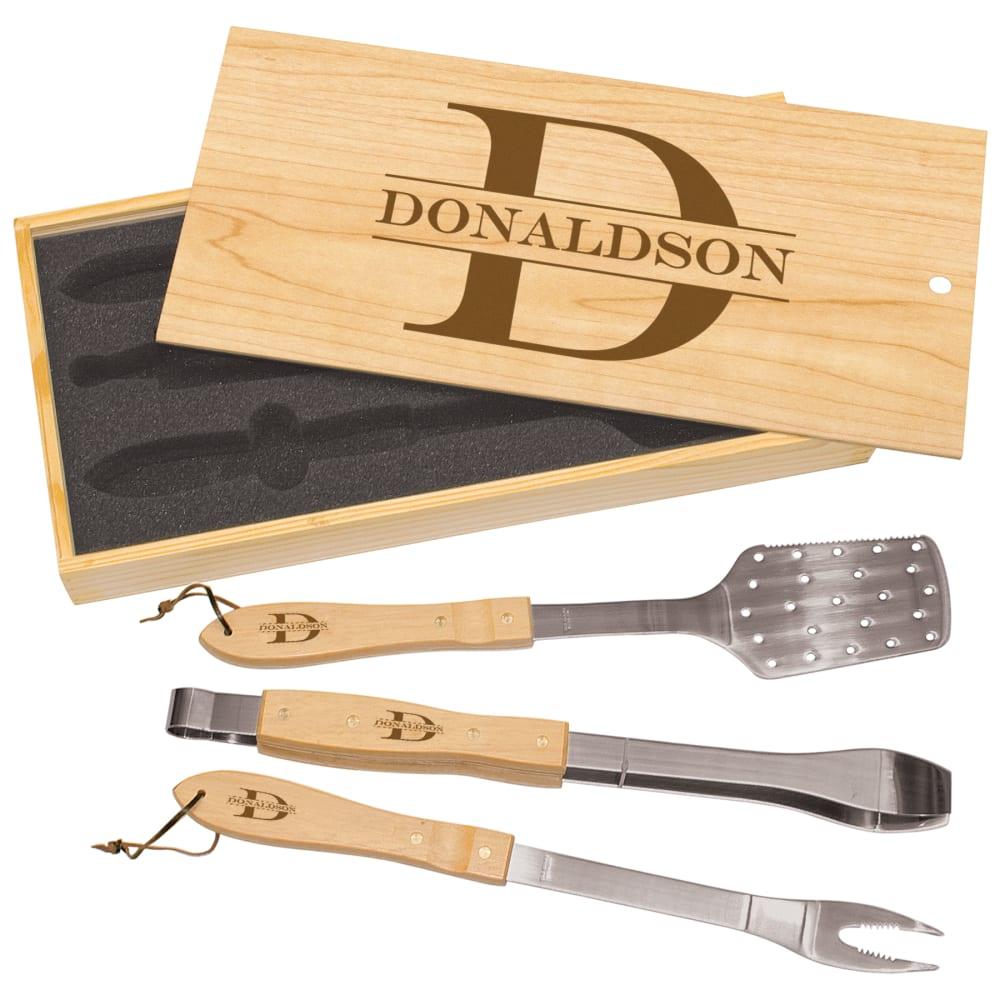 Personalized BBQ Tool Set or Grill Tool, Engraved - 3-Piece Set in Pine Box