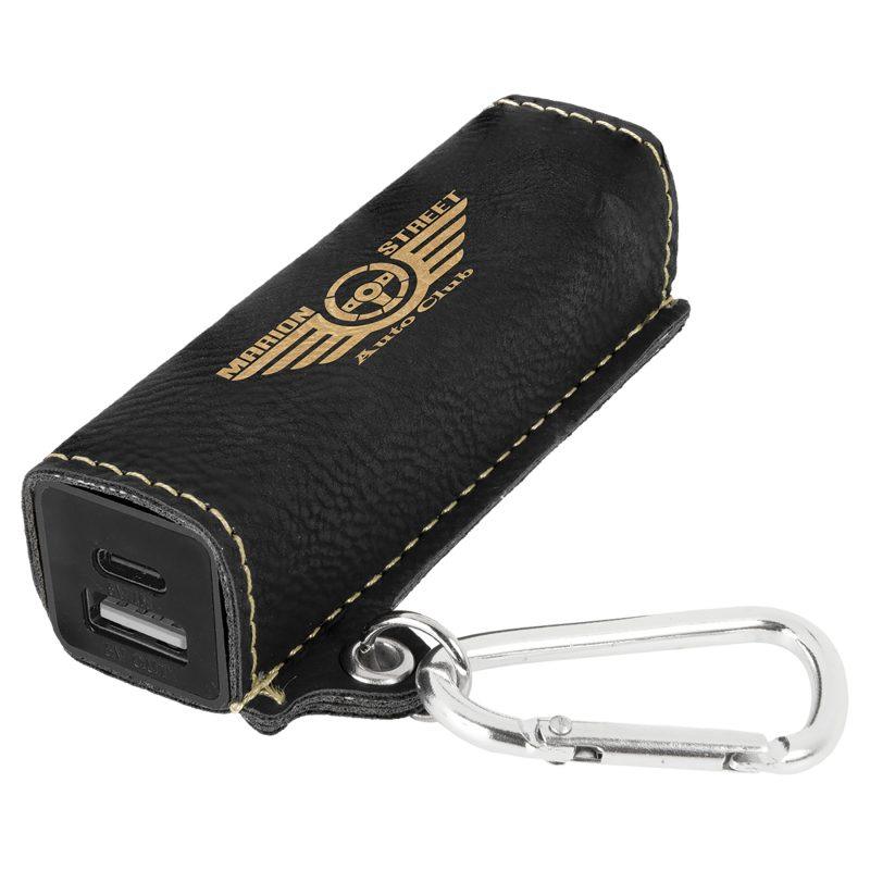Personalized Black/Gold Faux Leather 2200 mAh Power Bank with USB-C Cord