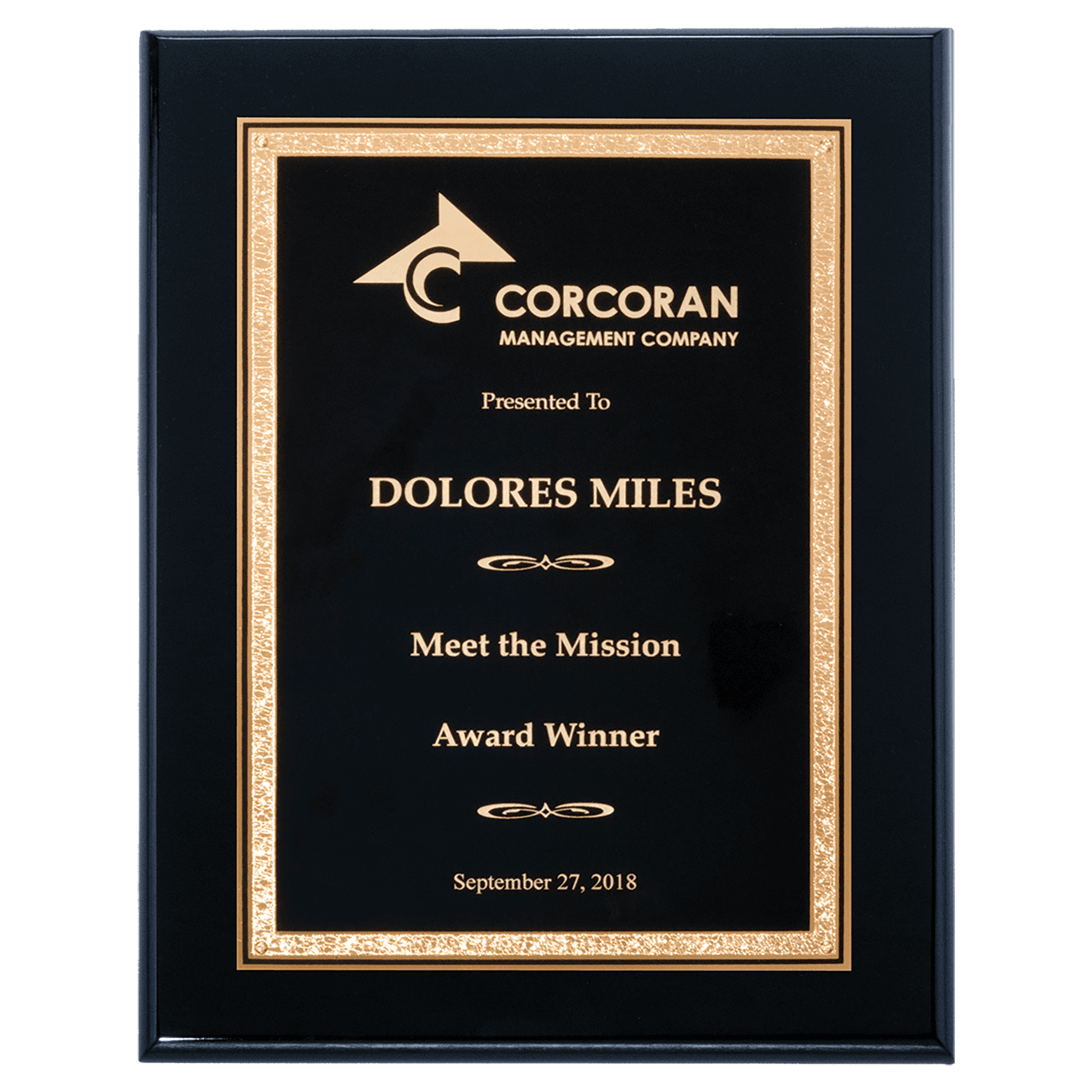 Personalized Black Piano Finish Award Plaque – Black & Gold Florentine, 9" x 12"