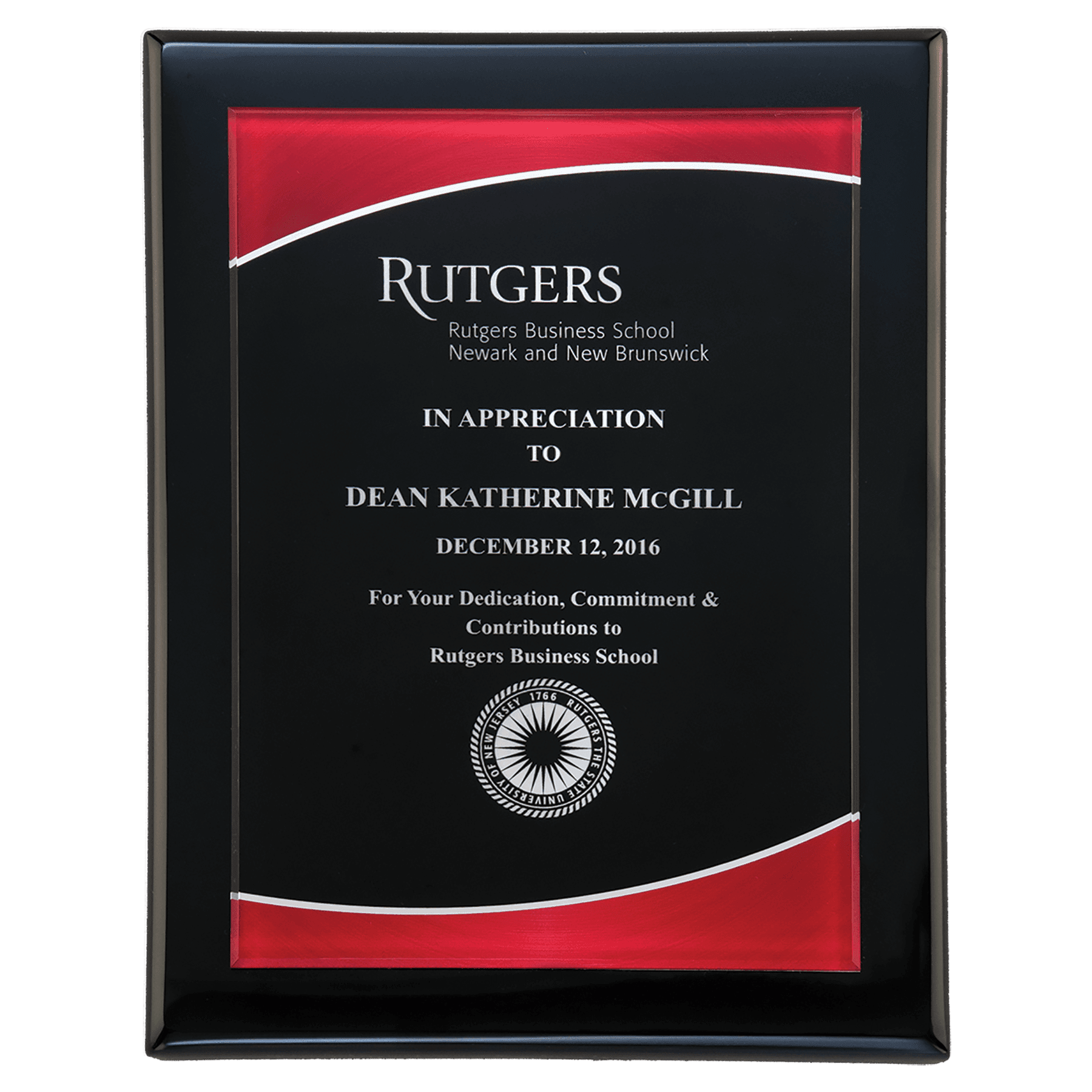 Personalized Black Piano Finish Award Plaque – Red Border Acrylic, 8" x 10"