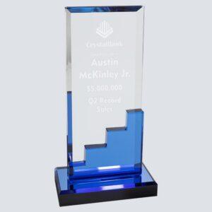 Personalized Blue Crystal Award, Staircase on Mirror Base - 8 5/8" Tall